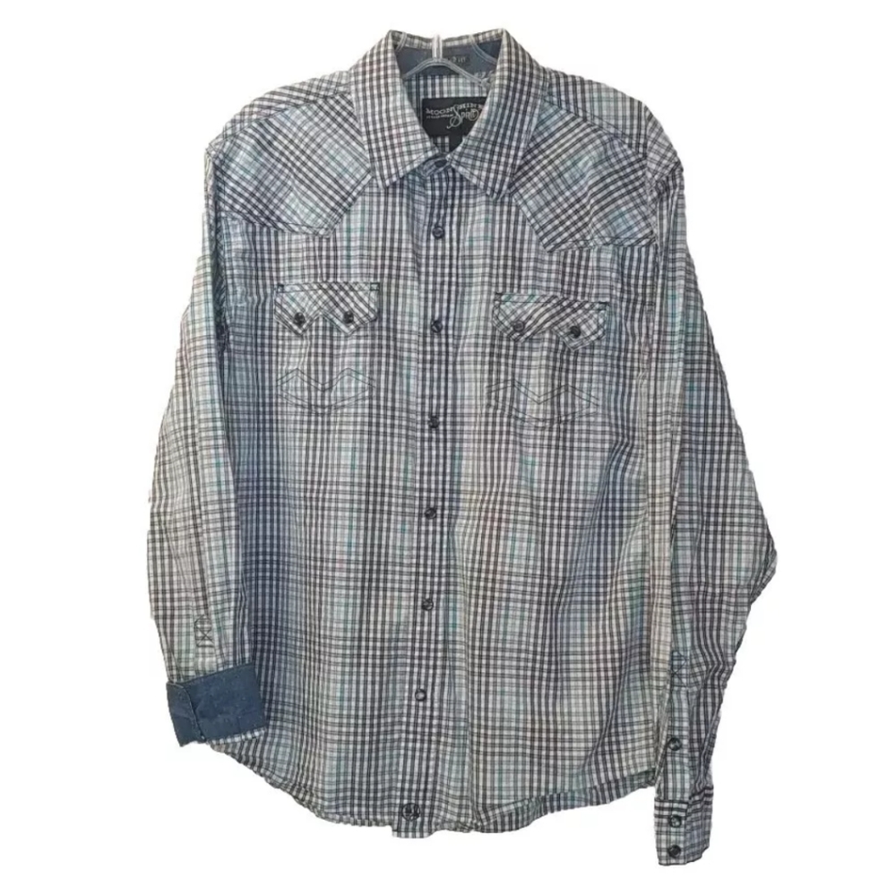 Moonshine Spirit Pearl Snap Shirt Men Med Western Cowboy Plaid Sawtooth Pockets